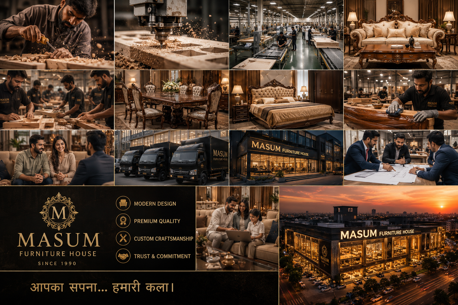 Masum Furniture House craftsmanship — workshop, showroom, delivery fleet and store